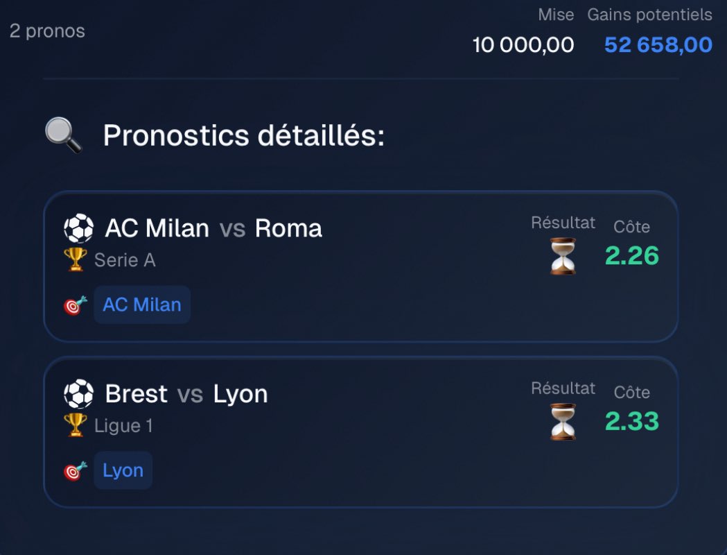 My_FreeBet's tweet photo. COMBI FOOT DU SOIR ⚽️

🎯 AC Milan + OL @ 5.26
💰 10.000€ ➡️ 52.658€

BONNE CHANCE

#TeamParieur https://t.co/MvRhKthaCO