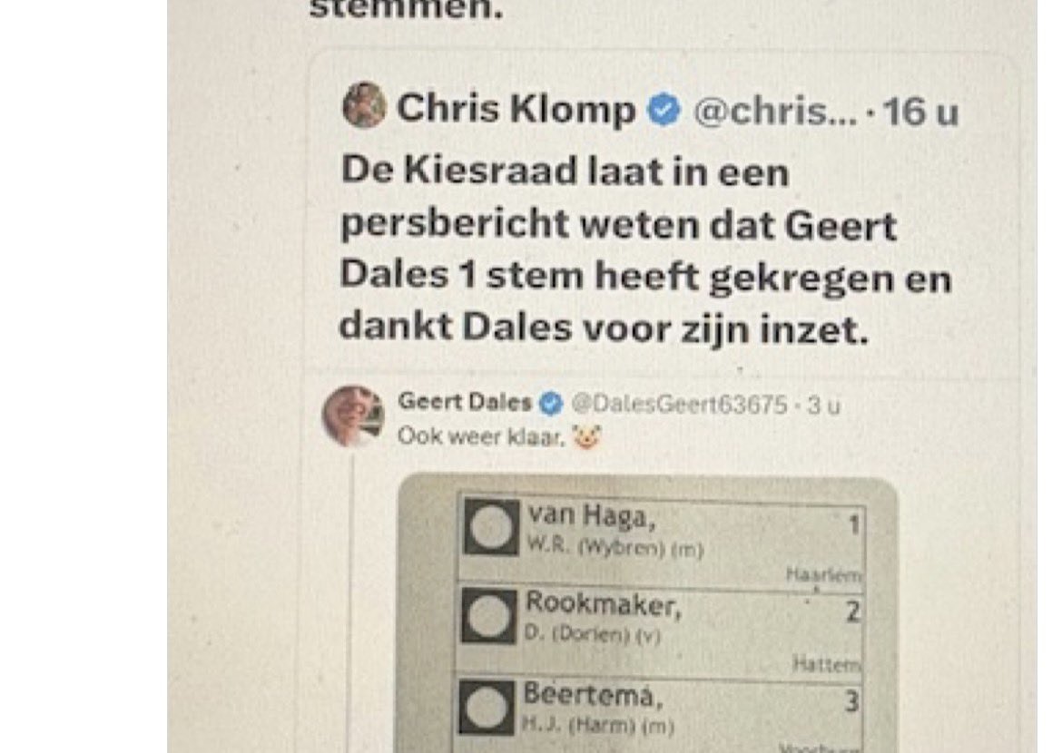 Van dit extreem rechtse clubje en z’n geldsmijter <a href="/DalesGeert63675/">Geert Dales</a> zijn we gelukkig weer even verlost! “Een stem voor Geert Dales!” “Heeft Geert tenminste weer tijd voor z’n hobby Halsema..” #BVNL #Dales