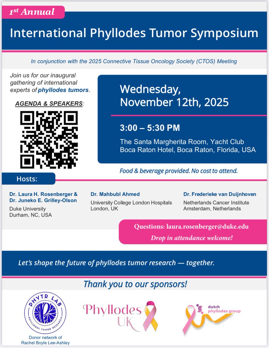 DukeSurgOnc's tweet image. Check out this 1⃣st International #Phyllodes Tumor Symposium. Featuring our own, @RosenbergerMd 🤩🤩🤩 . Scan the QR code for the agenda and speakers! @SocSurgOnc @ASBrS