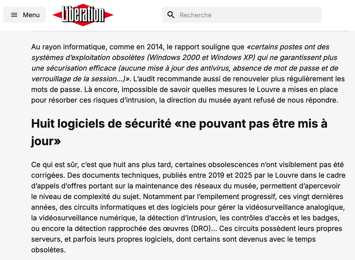 sonoclaudio's tweet image. Quello che trovo ridicolo della stampa italiana (es. @LaStampa) è il mettersi a perculare il #Louvre sulla questione delle #password, quando i problemi emersi da un audit di sicurezza erano di ben altra dimensione: Windows 2000, Windows XP, software di sicurezza obsoleti e non