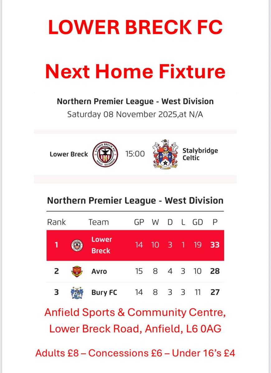 <a href="/lowerbreck/">LOWER BRECK FC</a> 

Next game is at Home on Saturday 8th November 3pm kick at Anfield Sports &amp;Community Centre.

Let's get the crowd there to support our local team who are challenging for league.

Be good to see you all there.

Up The Breck ❤️🖤⚽️👍👌💪