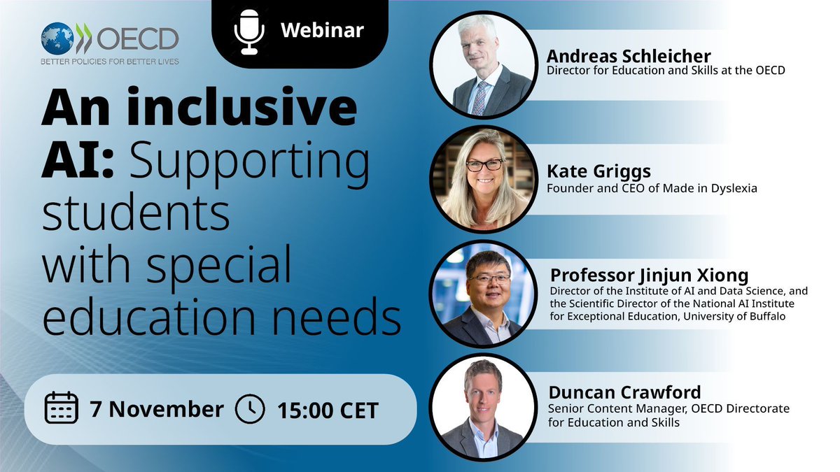 Students with learning disabilities are twice as likely to drop out of school than their peers.

Our upcoming webinar explores how AI can be leveraged to better support special education needs in classrooms.

📅 7 November
⏰ 15:00 CET
 
Sign up: meetoecd1.zoom.us/webinar/regist…