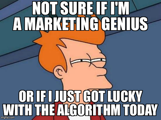 virtuoone's tweet image. Is it marketing brilliance or algorithmic serendipity? 🤔 Either way, we&apos;ll take the win! 🚀 #AIMemes #MarketingLife #AlgorithmMagic #LuckyOrGood #FuturamaFry #AIHumor
