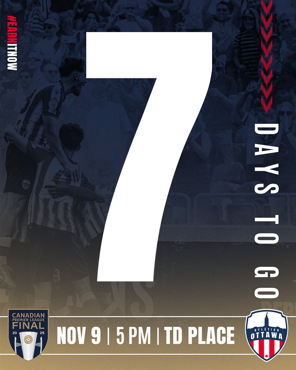 1 WEEK AWAY ⏳📰‼️

7 days from now, the moment arrives. Be there November 9th at TD Place for the CPL Final 🏆✅

🔗 Tickets: ticketmaster.ca/2025-cpl-final…

#EARNITNOW 🔴⚪️