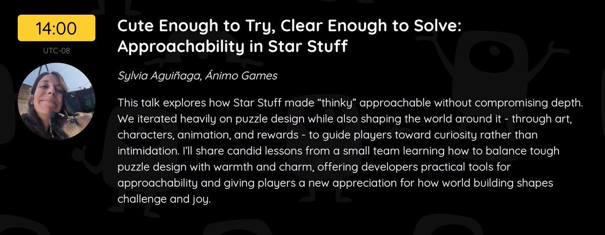 How do you make thinky games approachable? Sylvia Aguiñaga is a co-founder of Ánimo Games, who made Star Stuff, so has some insight on balancing charm and tough puzzles!

<a href="/animogames_/">Star Stuff✨out NOW on Steam!✨</a>
thinkygames.com/events/thinkyc…