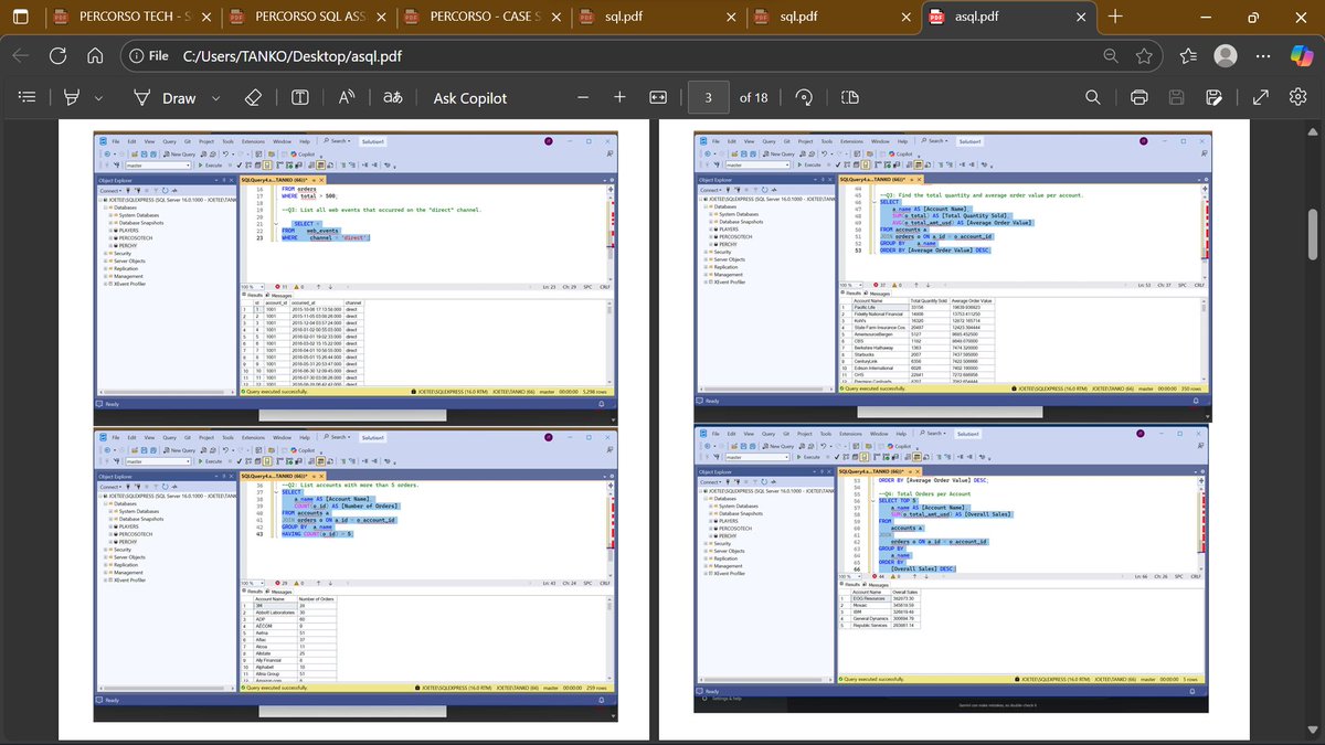 244Joe_T's tweet image. Structured query language sql coding hasn&apos;t been my thing but thanks to PercorsoTech for the eye opener.
Here is my assignment from the previous class. It&apos;s been an interesting journey
#PercorsoTech #DataAnalytics #FutureOfTech #SQLServer #sqlbeginner