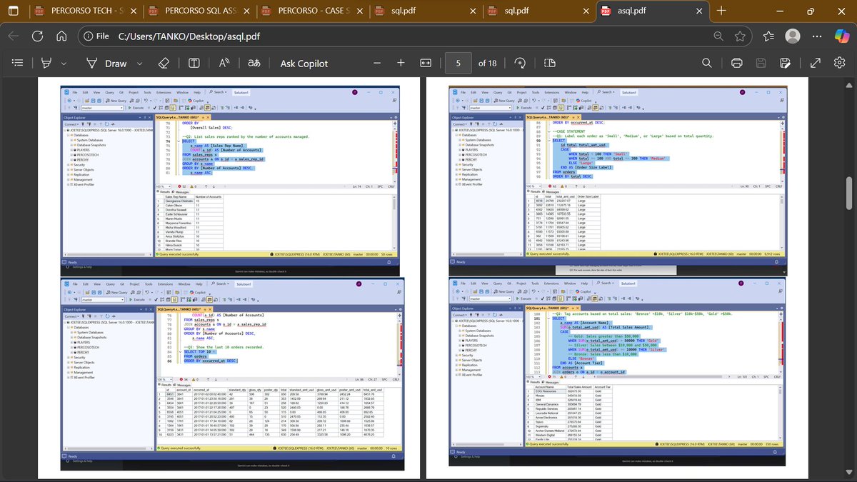 244Joe_T's tweet image. Structured query language sql coding hasn&apos;t been my thing but thanks to PercorsoTech for the eye opener.
Here is my assignment from the previous class. It&apos;s been an interesting journey
#PercorsoTech #DataAnalytics #FutureOfTech #SQLServer #sqlbeginner