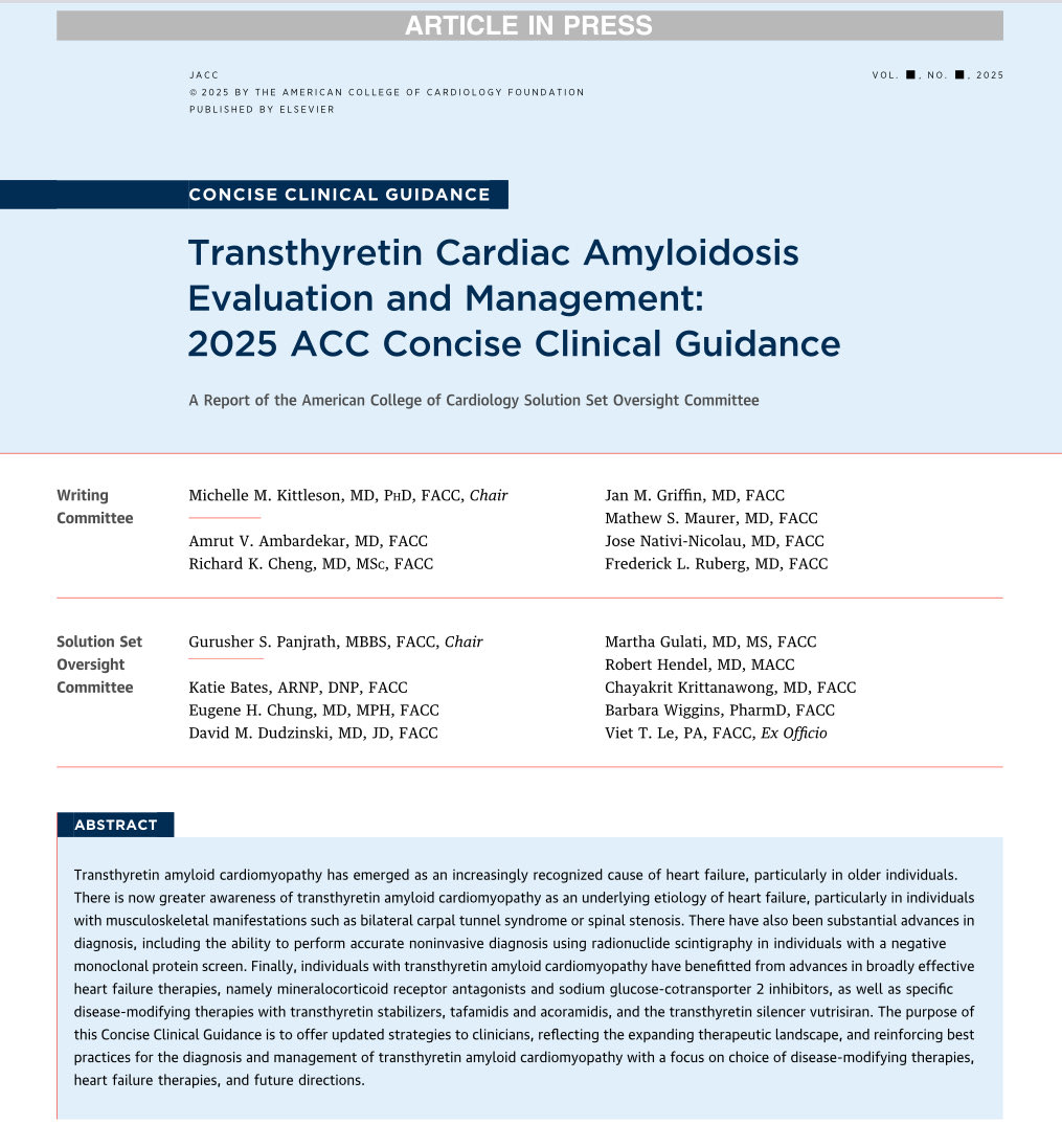 Ed_Alania's tweet image. 🔴 Transthyretin Cardiac Amyloidosis Evaluation and Management: 2025 ACC Concise Clinical Guidance @JACCJournals #Cardiology #CardioEd #Amyloidosis #FOAMed