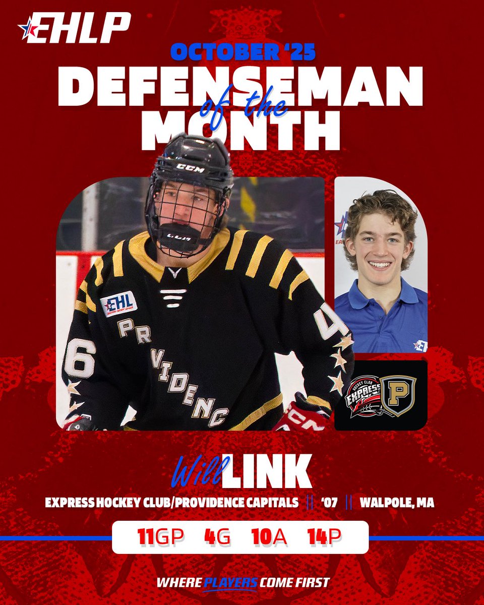 EHLpremier's tweet image. The Eastern Hockey League Premier (EHLP) is proud to honor the top performers for October 2025.

🔗: bit.ly/43QGGfh

#WherePlayersComeFirst | #DevelopPromoteAdvance