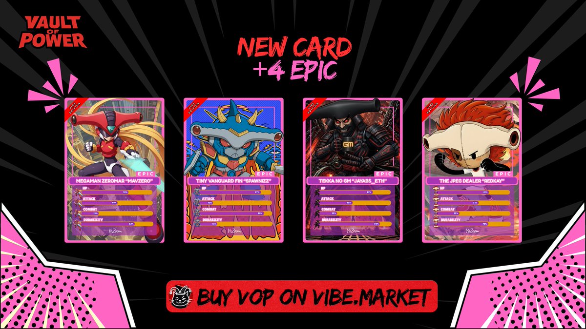 ⚡ 4 NEW EPIC CARDS ⚡
have descended from the Vault.
- Megaman Zeromar <a href="/Yuri51074656/">Mavzero</a> 
- Tiny Vanguard Fin <a href="/spawnizz/">Spawniz</a> 
- Tekka No GM <a href="/jayabs_eth/">Jayabs | GM VBRS ☕</a> 
- The Jpeg Dealer <a href="/redykay_eth/">redy</a> 

Bought VOP → vibechain.com/market/vault-o…

Each one forged in power, destined to rule the realms.