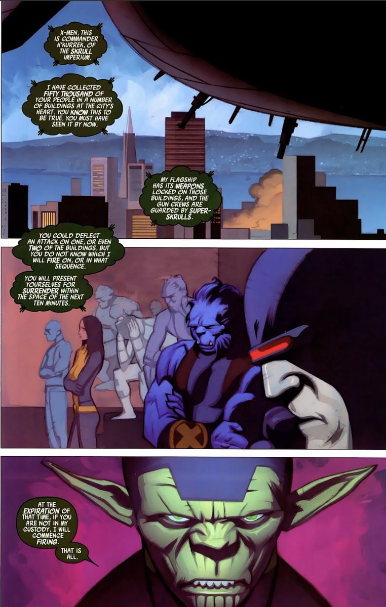 Hussy616's tweet photo. The #Skrulls occupy SF and start rounding up civilians due to the efficacy of the #XMens guerrilla tactics. They threaten to blow up 50,000 civilians #EmmaFrost and #Cyclops https://t.co/ZMsn21f2ly