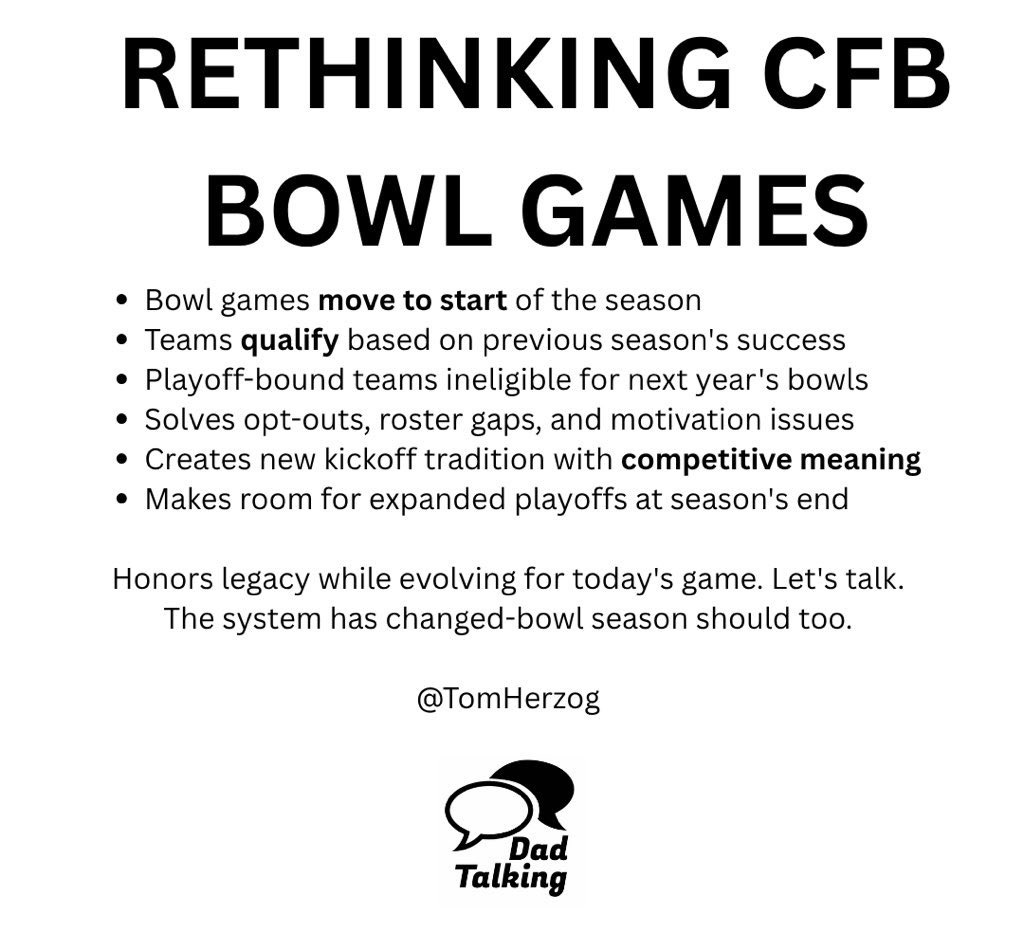 tomherzog's tweet photo. Time to Rethink Bowl Season @NCAA

College football is evolving fast.

• Playoffs are expanding
• Conferences are shifting
• NIL and the portal are rewriting the game

But one part of the system remains stuck in the past: Bowl Games.

Let’s move them to the start of the season.

Why?

• Celebrate last season’s success
Start the new year by honoring the previous one.
Top-ranked teams from the prior season square off in high energy bowl games.

• No playoff overlap
Teams that made the playoffs?
They’re not eligible for bowls.
That space is earned by others…making room for more programs to shine.

• Full rosters, fewer opt-outs
In August, players show up.
Injuries are fewer. Motivation is high.

• Cleaner calendar
Finish the season with playoffs.
Start it with celebration.
Simple. Focused. Fresh.

• New traditions
Imagine Labor Day weekend filled with 10 bowl games.
Coast to coast.
Built on what was…launching what’s next.

College football is being rebuilt in real-time.

Let’s not forget the schedule.

Structure creates culture.

Let’s build one that fits the game we love today.

#CollegeFootball #BowlSeason #NCAA #CFB #FutureOfFootball