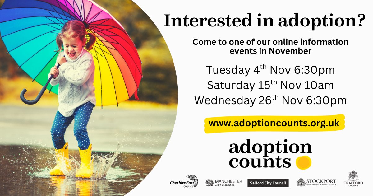 We have 3️⃣ information events coming up in November 🍂

All of the events are online and with three over the next month, there has never been a better time to start your journey with us. Sign up online bit.ly/40AIpTv🔗

#AdoptionCounts