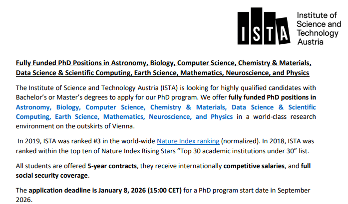 RSEQUIMICA's tweet photo. 🔊Fully Funded #PhD Positions in #Chemistry &amp; Materials and other science
Institute of Science and Technology Austria (ISTA) 🗓️Fecha límite/Deadline: 08/01/2026
➡️https://t.co/JqD5faywKu https://t.co/CuYMBWmNr5