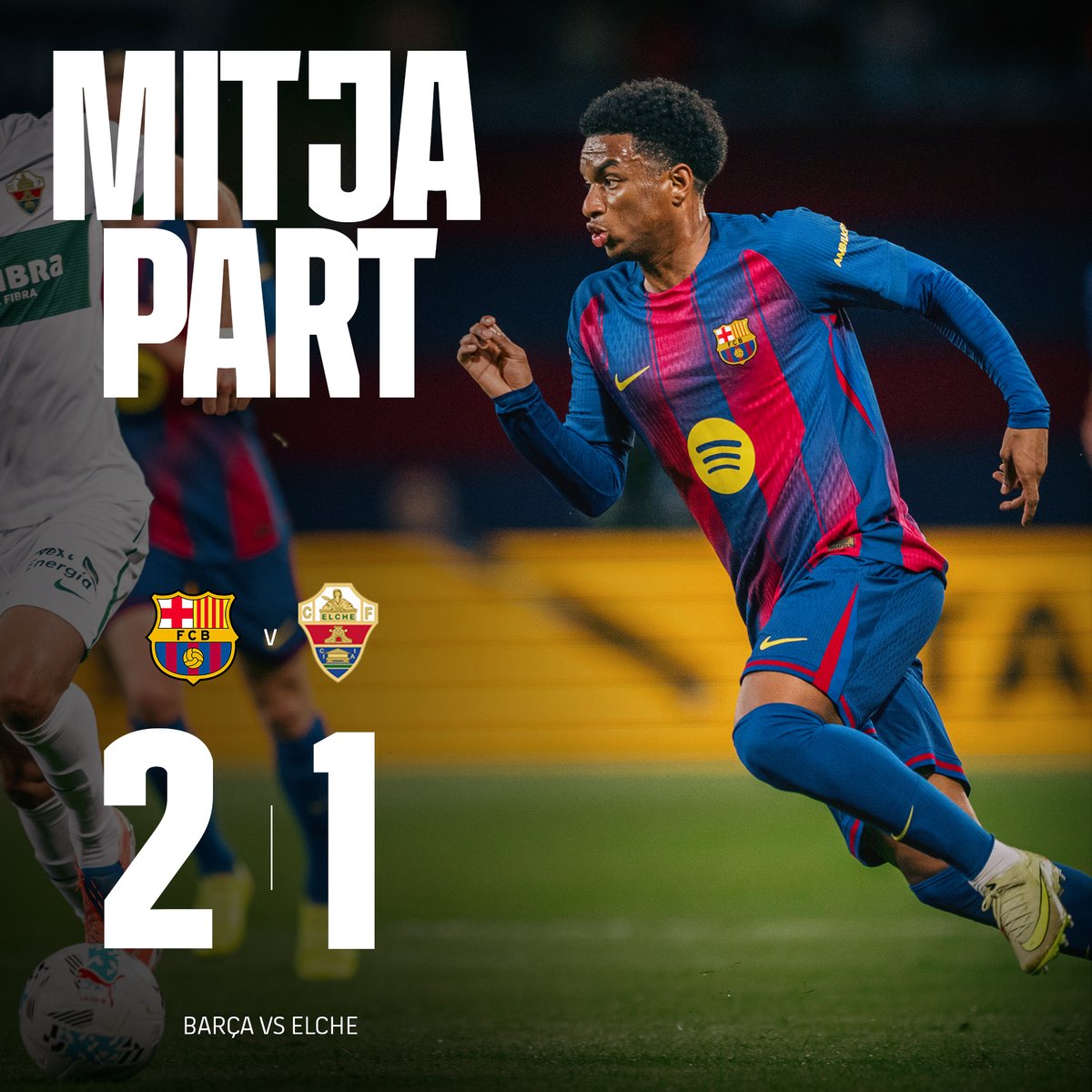 ❗C'est la pause au Stade Olympique de Montjuic. Le Barça a rapidement mené 2-0 grâce à des buts de Lamine Yamal (9') et Ferran Torres (12') mais Rafa Mir a relancé la suspense avant la pause (42') #BarçaElche