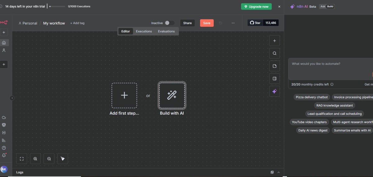 Armin_IoT's tweet image. 🤖✨ n8n just dropped a game-changing update: Build with AI! 

Now you can literally describe what you want your workflow to do, and AI builds it for you. No more starting from scratch.

This is automation on easy mode 🚀

#n8n #AIAutomation #NoCode