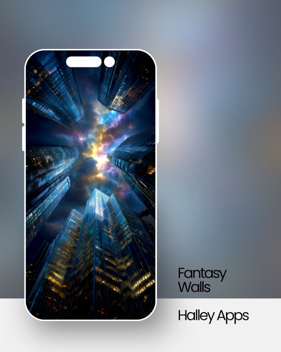 Halleyapps's tweet image. Low-angle view of skyscrapers reflecting a vibrant storm sky!