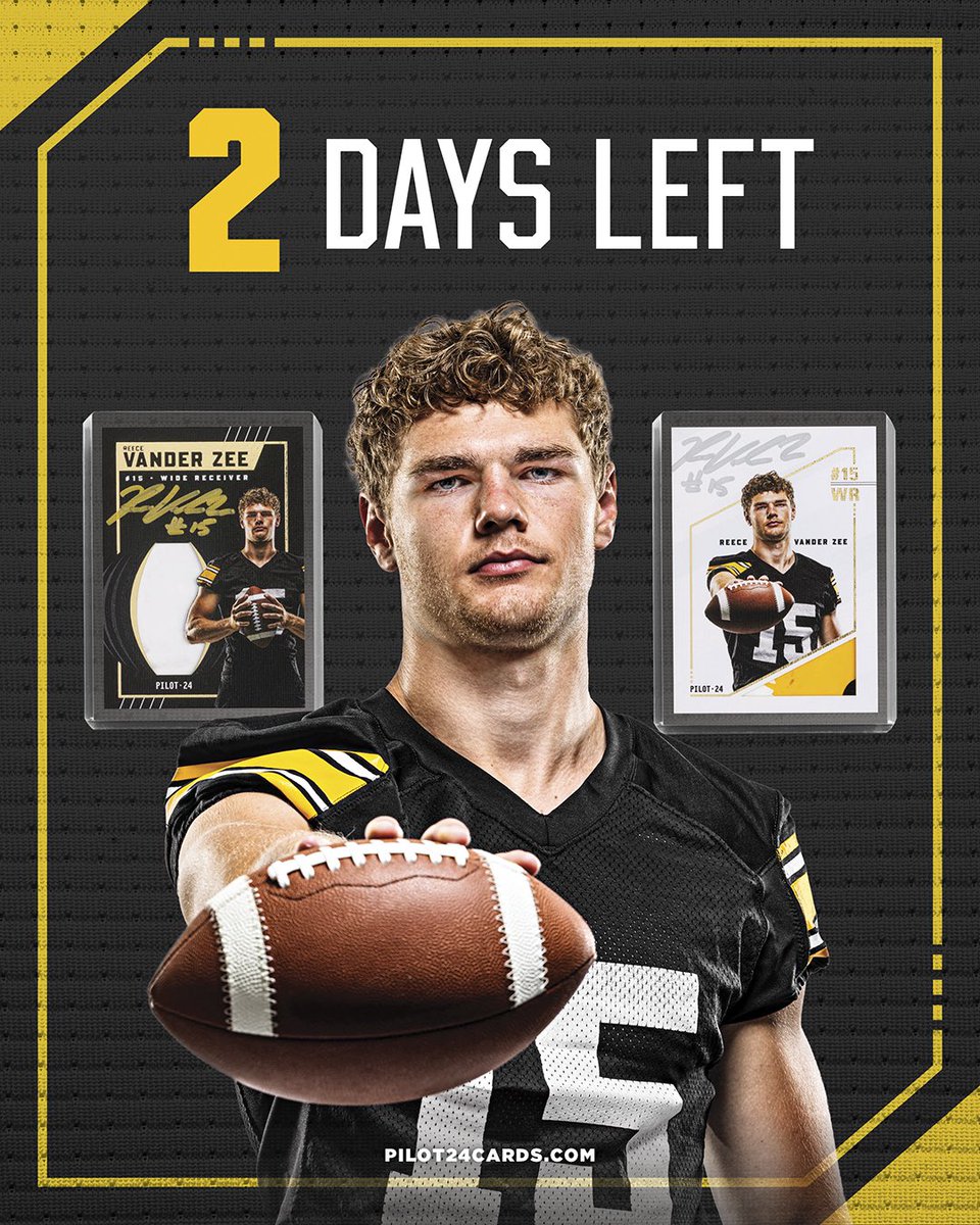 🚨 LET’S GOOOO, HAWK FANS!!! 🚨
 
Reece Vander Zee is back, grabbing TD’s and ready for Iowa City’s biggest game in years! 💛🖤
 
Exclusive Reece Vander Zee trading cardsare live NOW at pilot24cards.com!
 
🏈 Game-worn gear built into every card
✍️ Personally autographed
