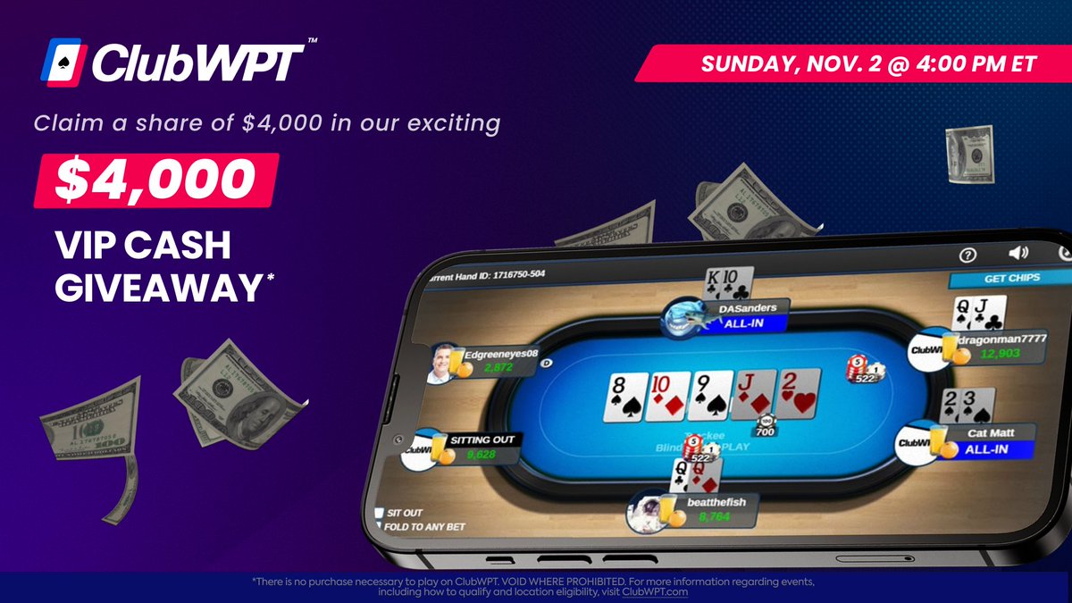 Got cash? 🤑

ClubWPT got plenty and we’re giving it away this weekend, all part of our $4,000 VIP Cash Giveaway tournament taking place this Sunday, Nov. 2 @ 4:00 PM ET.* 🔥 

New to ClubWPT? Then you have absolutely nothing to lose! Play FREE for 14 days when using bonus code