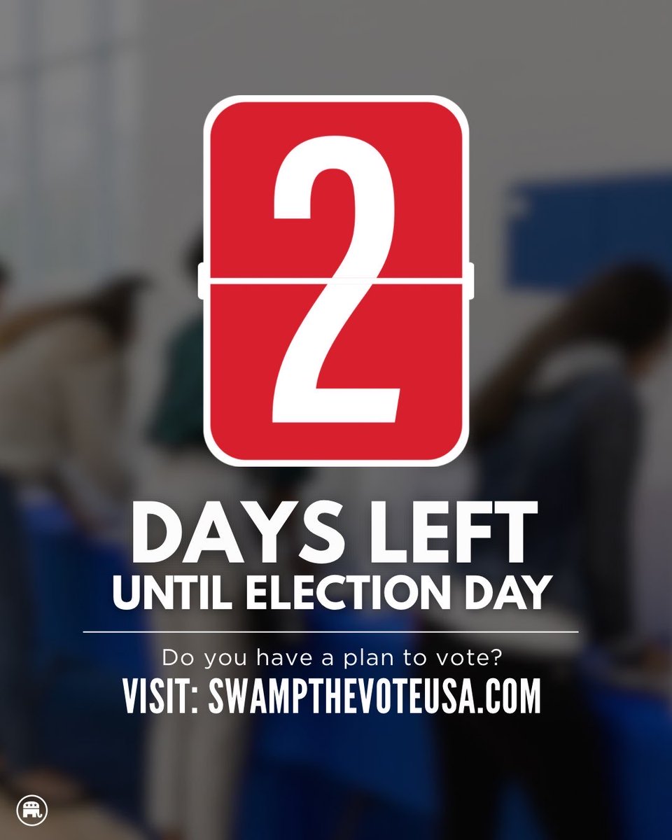 🚨 JUST 2 DAYS until Election Day!

✅ Double-check your polling location
✅ Bring a friend to vote
✅ Vote REPUBLICAN

Visit SwampTheVoteUSA.com and make your plan TODAY.