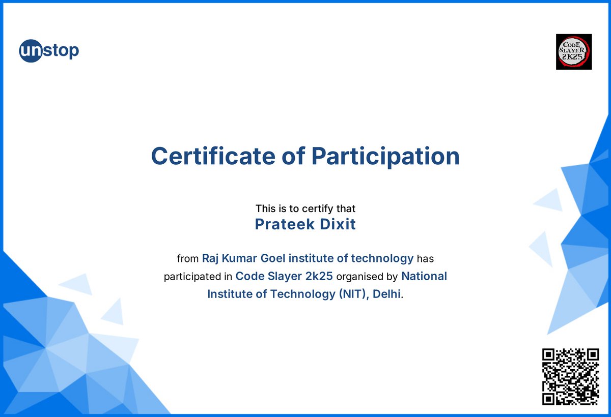 its25m3's tweet image. Just wrapped up #CodeSlayer2k25 by NIT Delhi 💻
Learned, debugged, struggled, smiled — worth it all 😄
#CodingJourney #RKGIT #NITDelhi