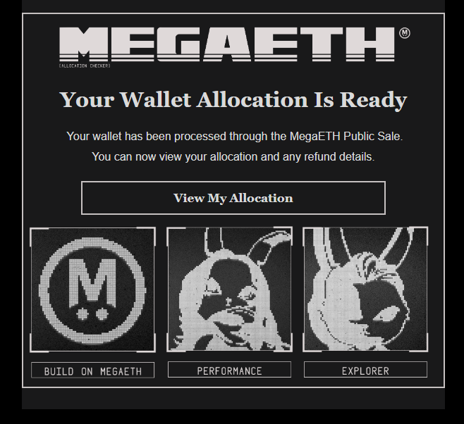 Just got a fake MegaETH email claiming the allocation checker is live

Don't let your fomo trick you into a scam

Real website still says pending until November 5th