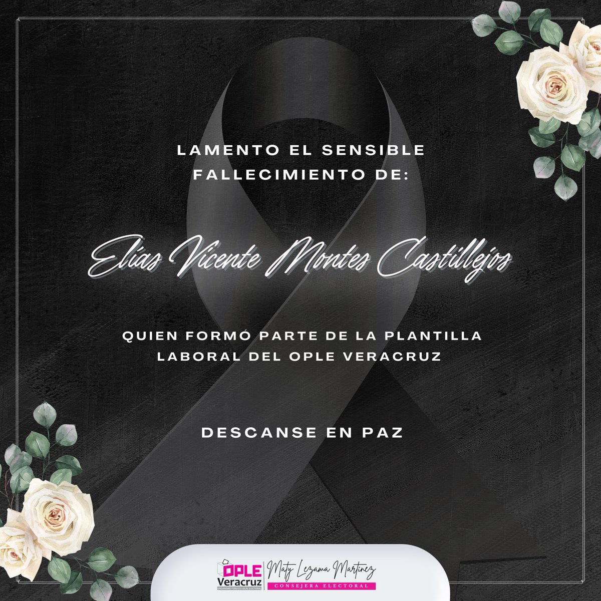 Lamento profundamente el fallecimiento de nuestro compañero Elías Vicente Montes Castillejos, quien formó parte del Organismo durante 31 años.

Su carisma, integridad y servicio dejan una huella imborrable. Mi más sentido pésame a sus familiares y amistades. Descanse en paz. 🕊️