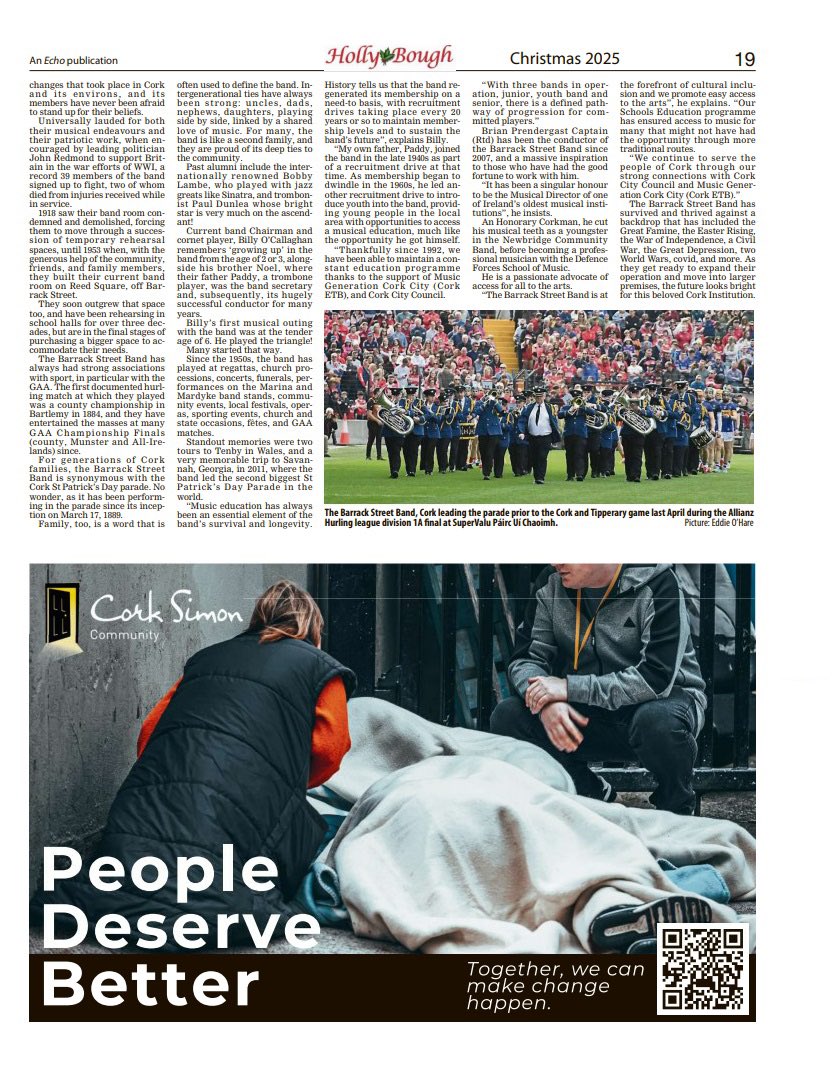 🎺 Delighted to feature in this year’s Holly Bough! Huge thanks to Linda Kenny, The Holly Bough &amp; The Echo for a wonderful piece celebrating 188 years of De Barracka — part of Cork’s story since 1837. 💛💙

#HollyBough #Cork #CorkBarrackStreetBand #DeBarracka