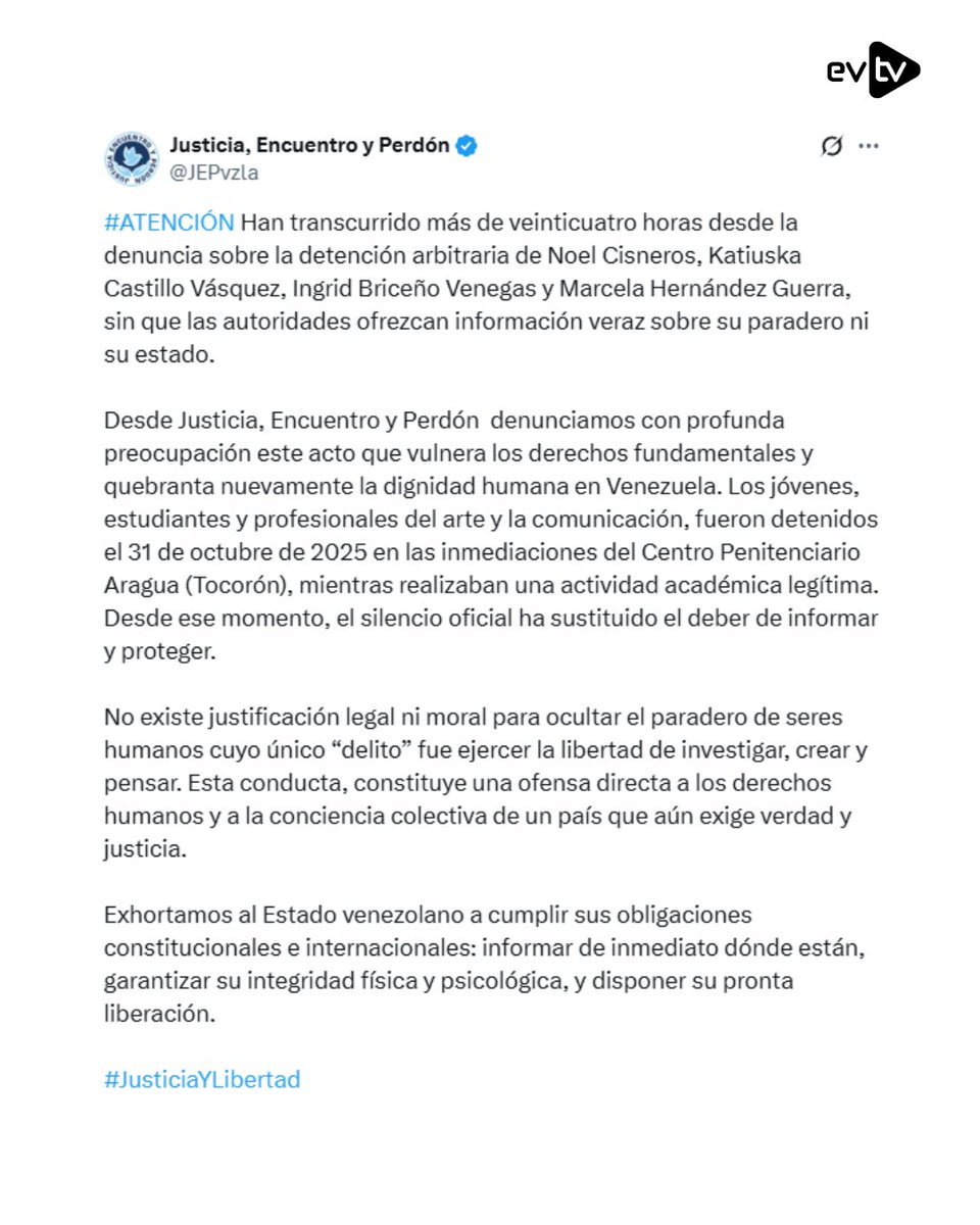 🚨 Periodista Joan Camargo y cuatro tesistas de la UCV continúan desaparecidos

📣 A más de 60 horas de su desaparición, familiares del periodista Joan Camargo siguen sin información sobre su paradero y reiteran que se encuentra en condición de desaparición forzada.

📍Según un