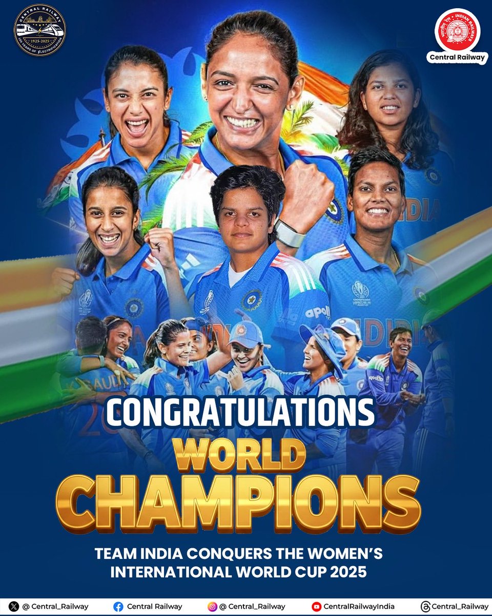 Central_Railway's tweet photo. CHAMPIONS OF THE WORLD! 🏆🇮🇳
Congratulations to #TeamIndia on winning the Women’s ODI World Cup 2025! 💙
Your passion, perseverance, and teamwork have made the nation proud! 🎉👏
Well done, Champions! 🌟

#WWC2025 #WomenInBlue #IndianCricket #WorldChampions https://t.co/bVjbhdPaRL