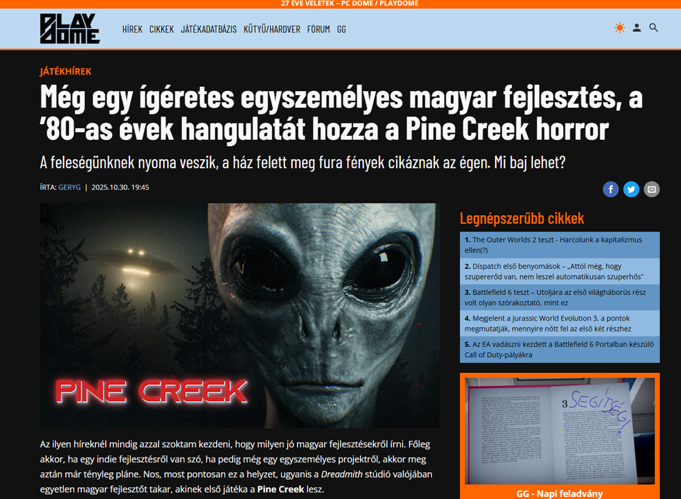 dreadmith's tweet photo. Shoutout to the Hungarian gaming press for covering my game!❤︎ Wishlist Pine Creek on Steam: https://t.co/G9QFpv8Ade

#pinecreek #alieninvasion #aliens #ufo #horrorgame #indiehorror #indiegame #survivalhorror #strangerthings #gamedevelopment #gamedev #unrealengine #gamingnews https://t.co/l1XO3tsavx