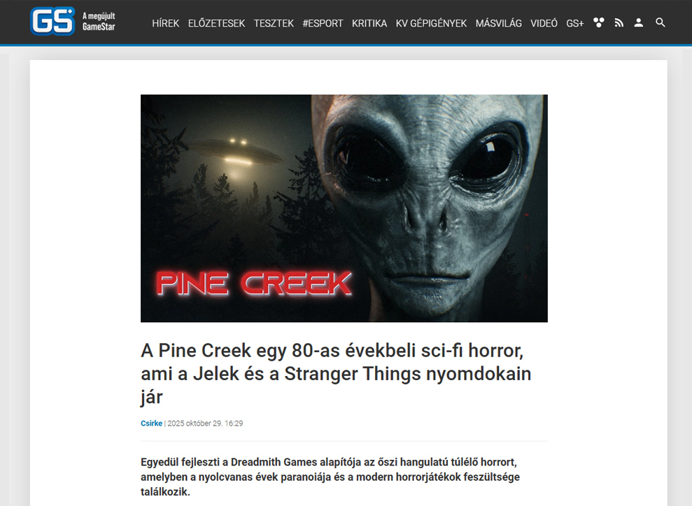 dreadmith's tweet photo. Shoutout to the Hungarian gaming press for covering my game!❤︎ Wishlist Pine Creek on Steam: https://t.co/G9QFpv8Ade

#pinecreek #alieninvasion #aliens #ufo #horrorgame #indiehorror #indiegame #survivalhorror #strangerthings #gamedevelopment #gamedev #unrealengine #gamingnews https://t.co/l1XO3tsavx