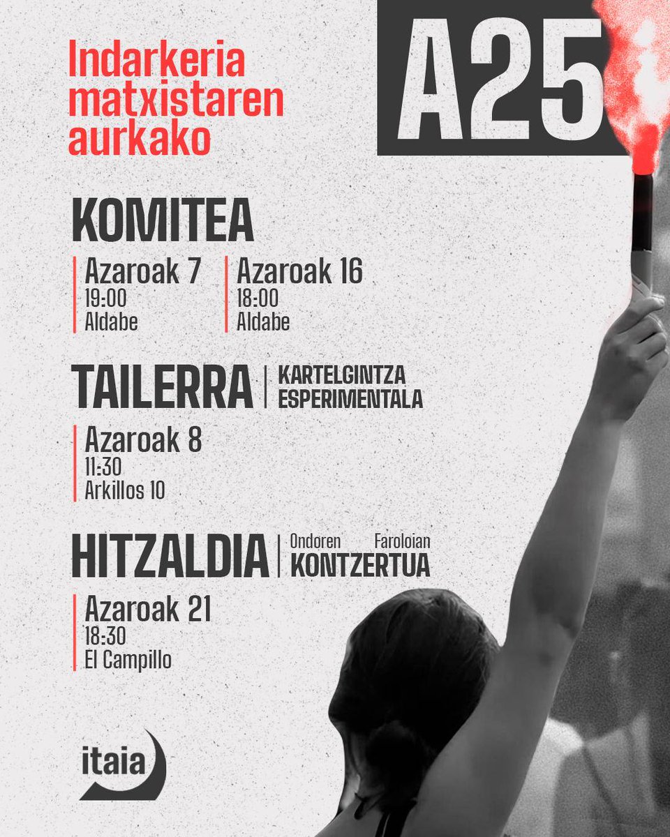 A25 | Indarkeria matxistaren aurka kaleak hartu

Indarkeria matxistarekin amaitzeko ezinbestekoa da gizarte osoaren inplikazioa. Horregatik hilabetean zehar egitarau irekia antolatu dugu.

Gerturatu eta parte hartu!