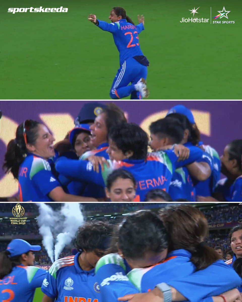 Sportskeeda's tweet photo. The winning moment! ❤️🇮🇳

#INDvSA #CWC25 https://t.co/klcn8nvlNr