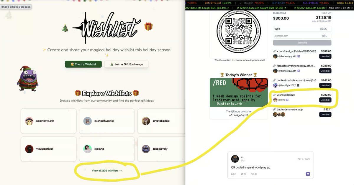 mykcryptodev's tweet image. $202 bid on @qrcoindotfun 
202 wishlists created on the mini app

🤔✍️