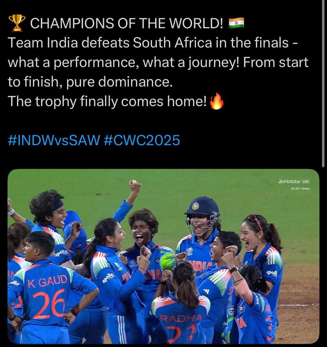 What a win 🇮🇳

Indian women’s cricket team wins the world cup 2025 🏆

India W team beat SA women’s team. 

What a match ✨

#CWC25 #Cwc2025