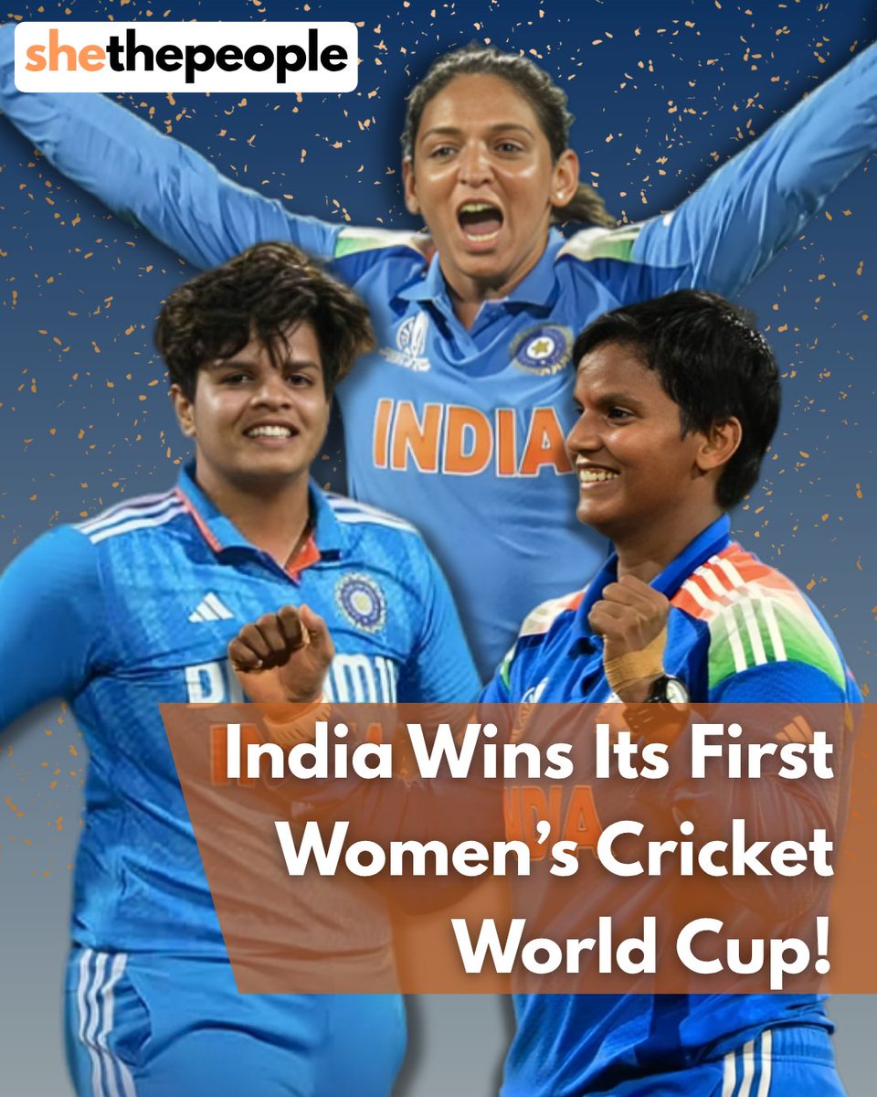 SheThePeople's tweet image. India has won its first-ever ICC Women&apos;s World Cup, defeating South Africa in a thrilling showdown!  #WomensWorldCup2025 #WorldCup #HarmanpreetKaur #DeeptiSharma #ShafaliVerma #JemimahRodrigues #Amanjot