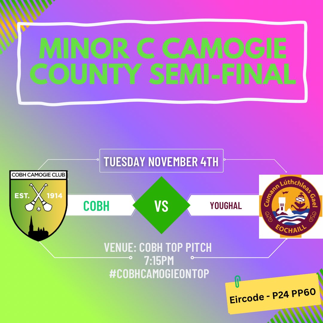 Our Minor team are finally back in action after a long break from topping their group, for the County Semi Final! 

Be sure to get out and support this super group of girls as they look to claim a spot in the county final! 

#cobhcamogieontop