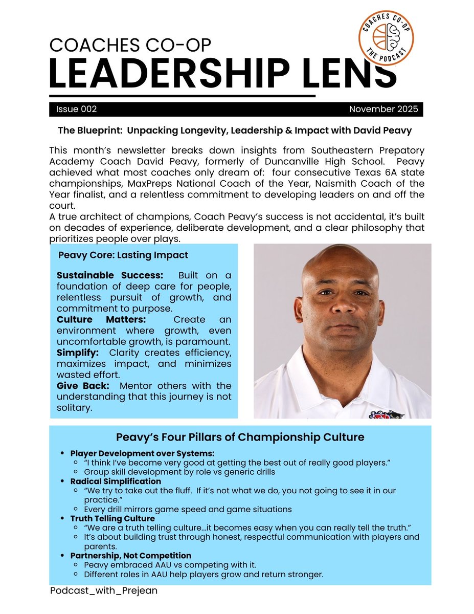CoachPrejean1's tweet image. Leadership Lens | Issue 2
Highlighted: Southeastern Preparatory Academy Basketball Coach David Peavy
This conversation matters because:
💡It redefines sustainable success
💡It models a truth centered leadership culture
💡It bridges leadership and legacy
#CoachesCoOp #MASTERCLASS