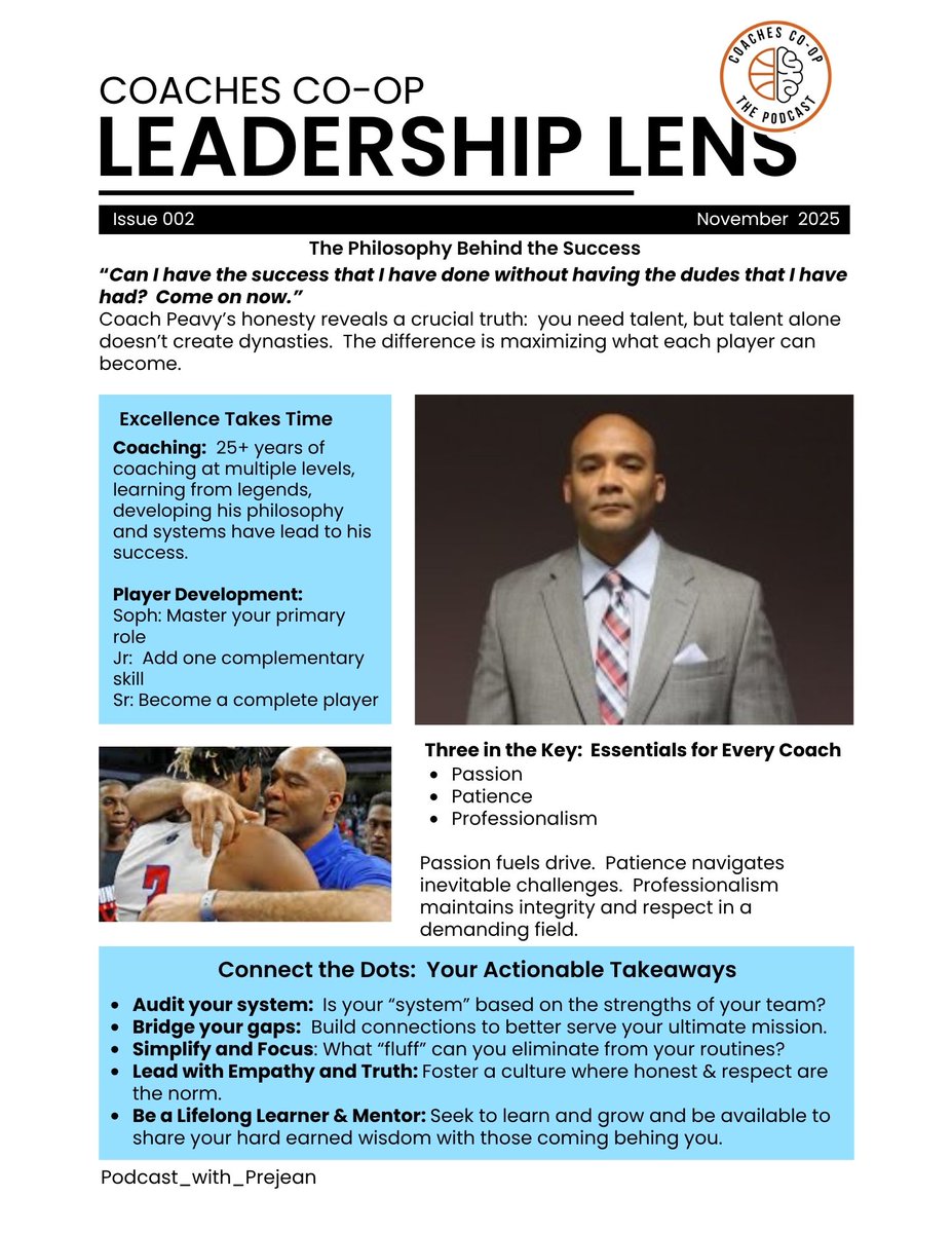 CoachPrejean1's tweet image. Leadership Lens | Issue 2
Highlighted: Southeastern Preparatory Academy Basketball Coach David Peavy
This conversation matters because:
💡It redefines sustainable success
💡It models a truth centered leadership culture
💡It bridges leadership and legacy
#CoachesCoOp #MASTERCLASS