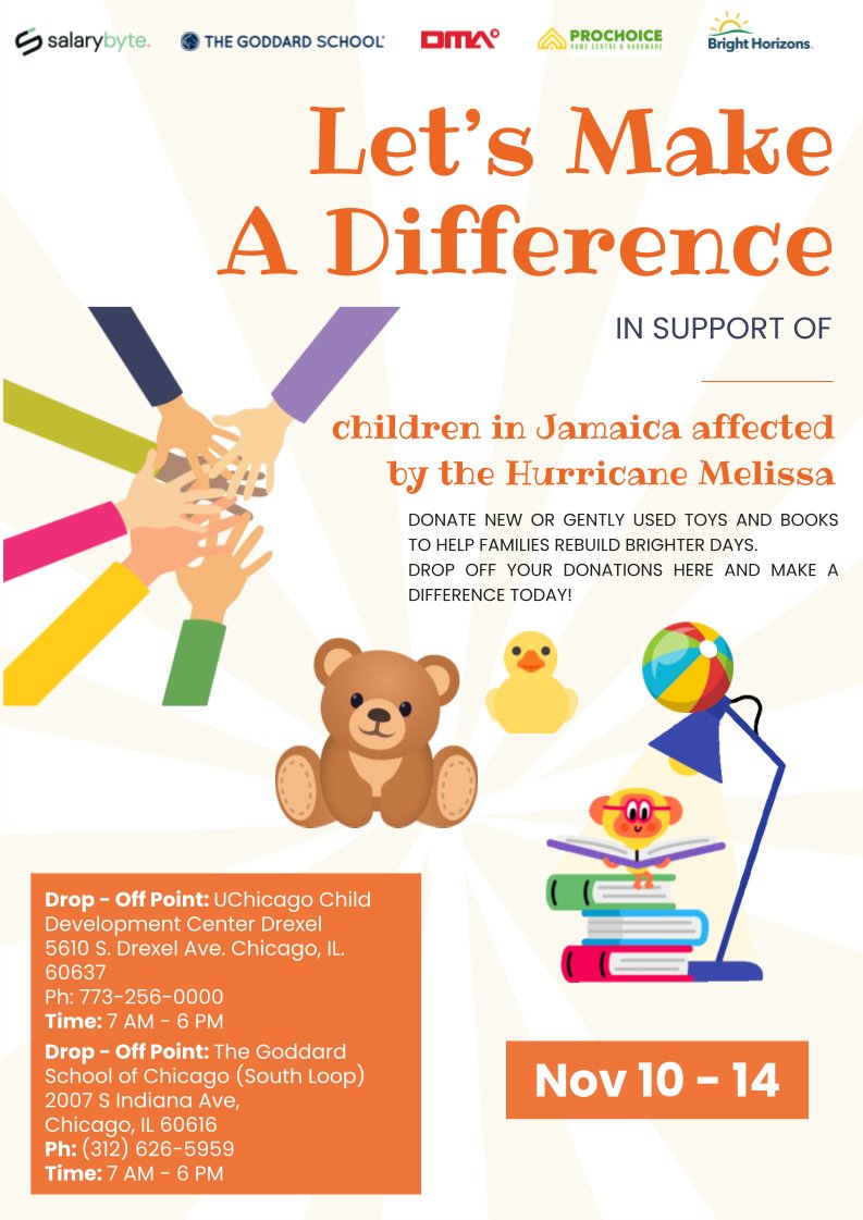 Florida, Chicago! Children in Jamaica lost more than homes after Hurricane Melissa, they've lost comfort and joy.

We’re sending new &amp; lightly used toys &amp; books to Jamaica.
Do your part today. 

See flyers attached for drop off locations in Florida and Chicago.