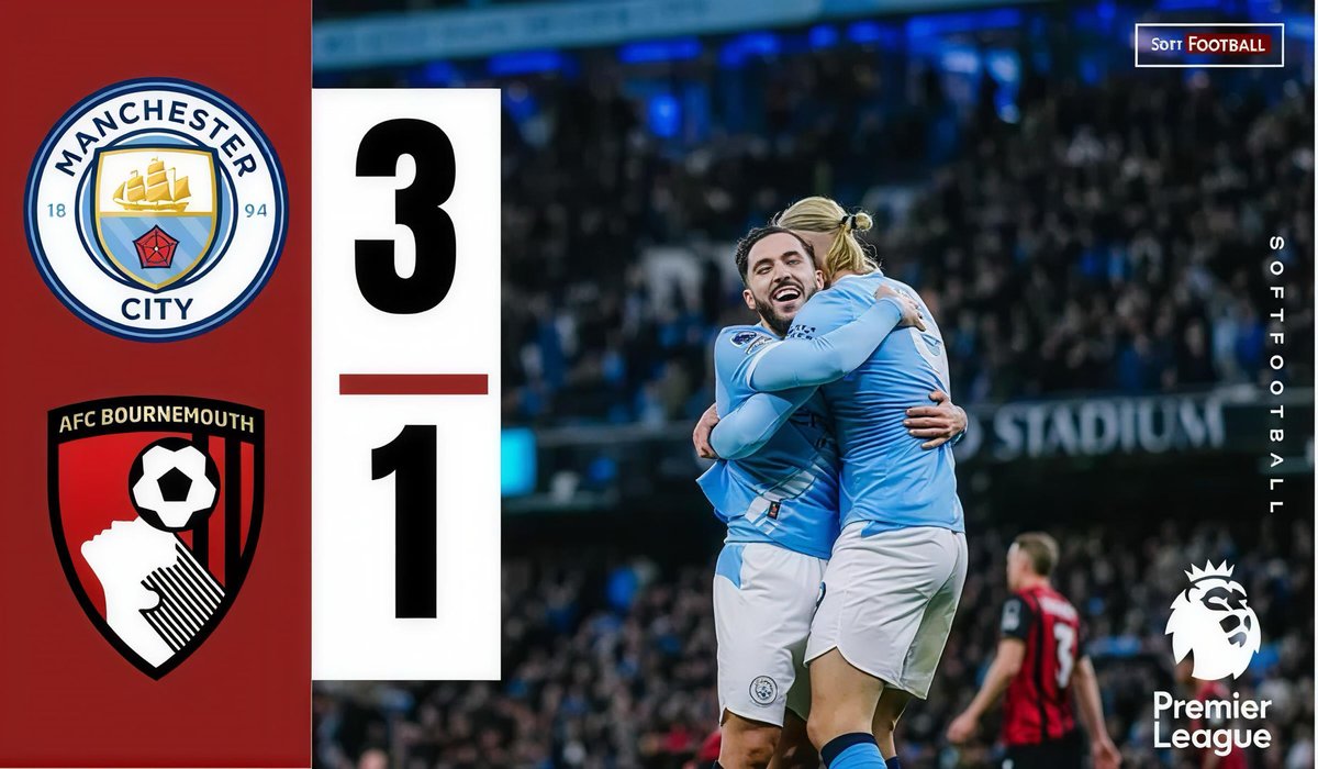 thesoftfootball's tweet image. 🚨 Erling Haaland struck twice in the first half as Manchester City beat Bournemouth 3-1 at the Etihad Stadium. 

Tyler Adams briefly equalized after a Donnarumma error, but Nico O’Reilly restored City’s lead before halftime. 

Phil Foden, making his 200th Premier League…