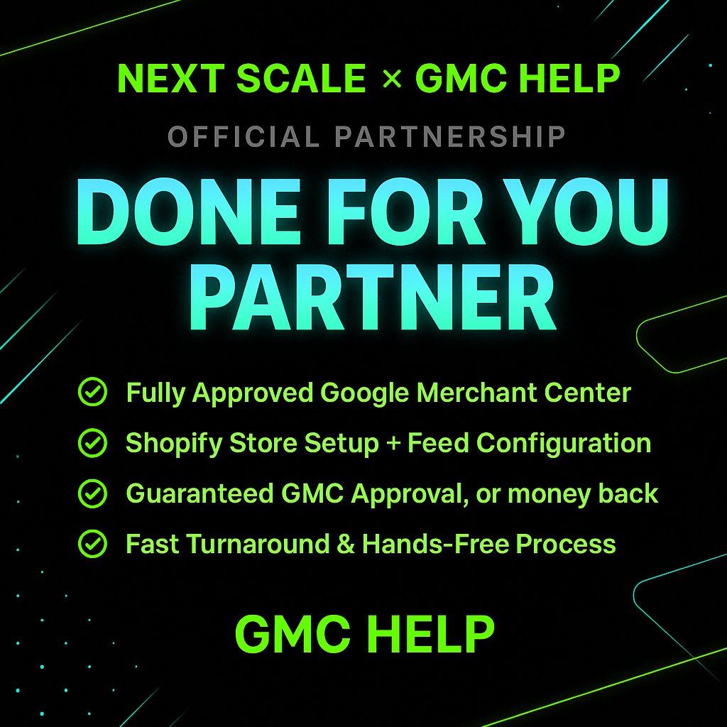 TerryEcom's tweet image. 🚀 Official Partnership Announcement

We’re excited to officially announce that Next Scale is now the exclusive Done-For-You (DFY) Google Merchant Center Partner of the GMC HELP Community!

This partnership means every GMC HELP member now gets direct access to Next Scale’s…