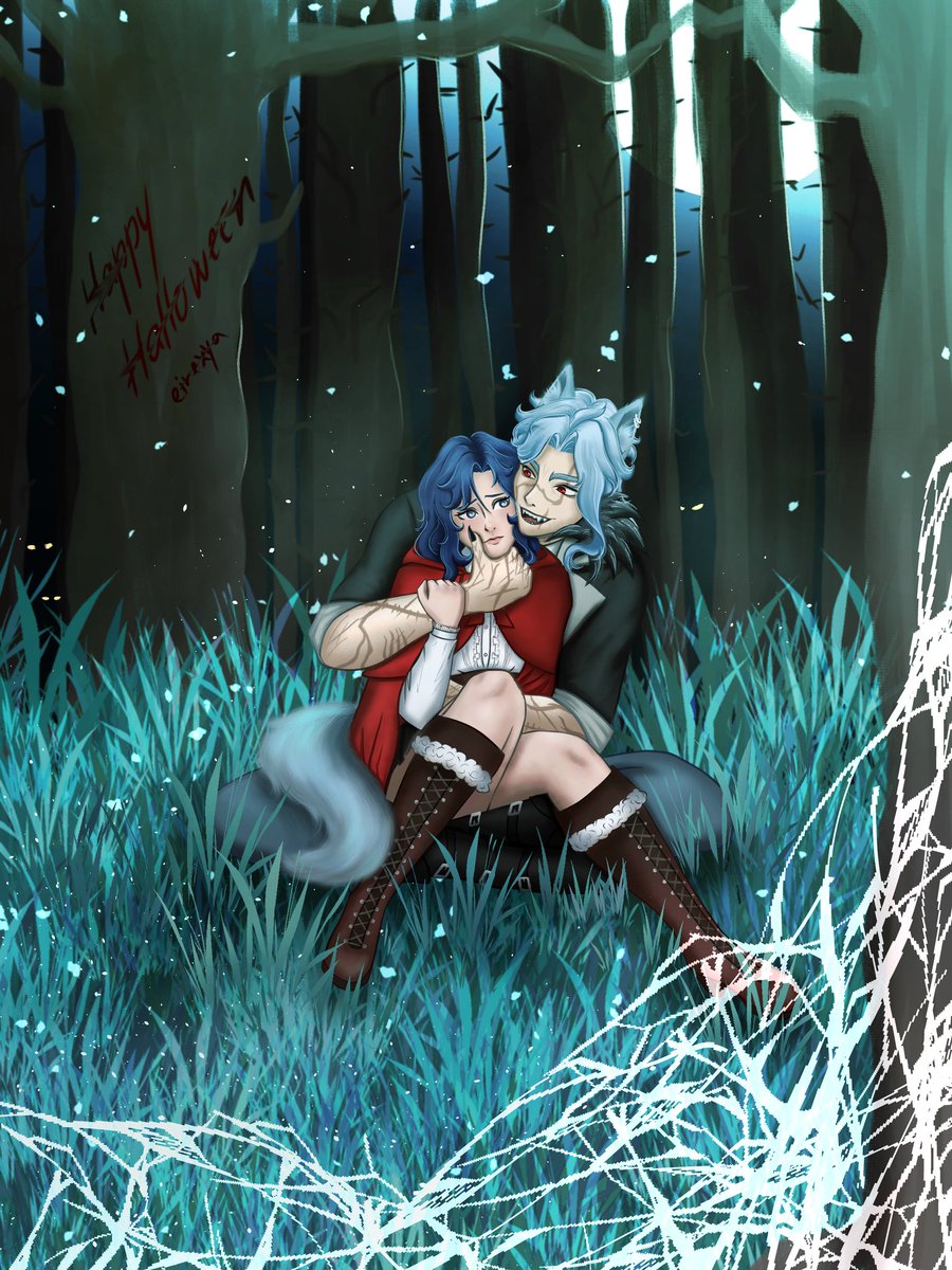 eirexya's tweet image. Happy Halloween! 👻

This is my part of our friendly art exchange, I got @nova_02am! 🥹🫶 The wolf and his little red riding hood featuring our OCs Zenith and Eire 🤭❤️

#dottoresegment #genshinoc