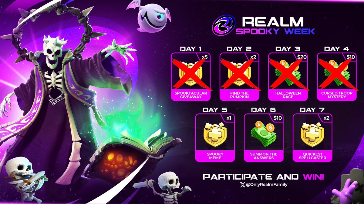 REALM SPOOKY WEEK – DAY 5 🎃

The Pumpkin King’s laughter fades… but new ghosts rise — and they’re here to meme! 💀

🧩 Create a Halloween meme with an Only Realm twist and post it in our server! 
Funniest one wins a Gold Pass! 🏆

The spirits love humor… make them laugh or