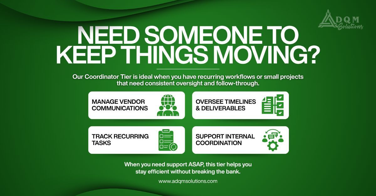 ADQMSolutions's tweet image. Our Coordinator Tier gives you the right-hand support you need to keep operations running smoothly. Ideal for recurring workflows, small projects, and day-to-day coordination, so nothing falls through the cracks.

adqmsolutions.com

#BusinessCoordination #ProjectManagement