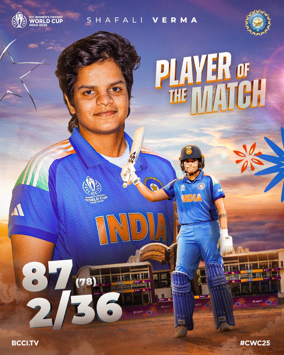 BCCIWomen's tweet image. 8️⃣7️⃣ runs with the bat 💪
2️⃣/3️⃣6️⃣ with the ball ☝
For her impactful performance in the #Final, Shafali Verma wins the Player of the Match award 🏅
Scorecard ▶ bit.ly/INDWvSAW-FINAL…
#TeamIndia | #WomenInBlue | #CWC25 | #INDvSA | @TheShafaliVerma