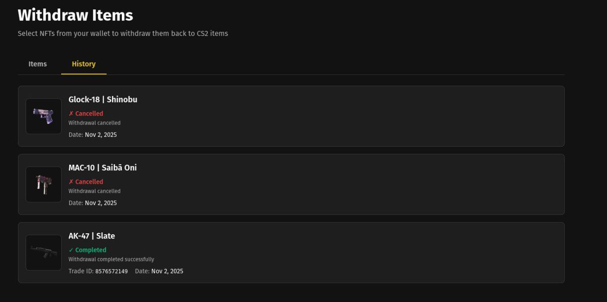 we’re excited to announce that withdrawals are now live on skin.xyz. we’ve officially built a full bridge between steam and crypto, go give it a try.