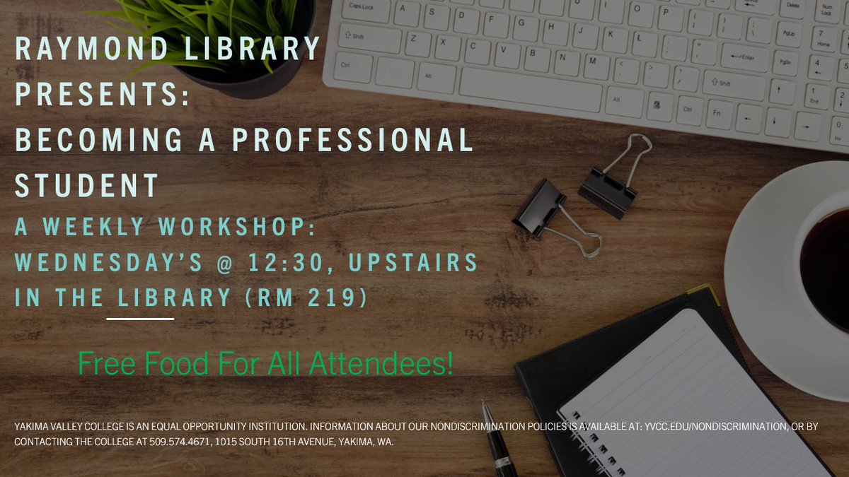 YakimaCollege's tweet image. 📣 Mid-quarter reminder!
 Still time to join Becoming a Professional Student, a weekly workshop with Reference Librarian Karyl Johnson.

📅 Wednesdays | 🕧 12:30–1:30 p.m.
 📍 Raymond Hall Library, Room 219 (Upstairs)

#YVC #StudentSuccess #LibraryWorkshop
