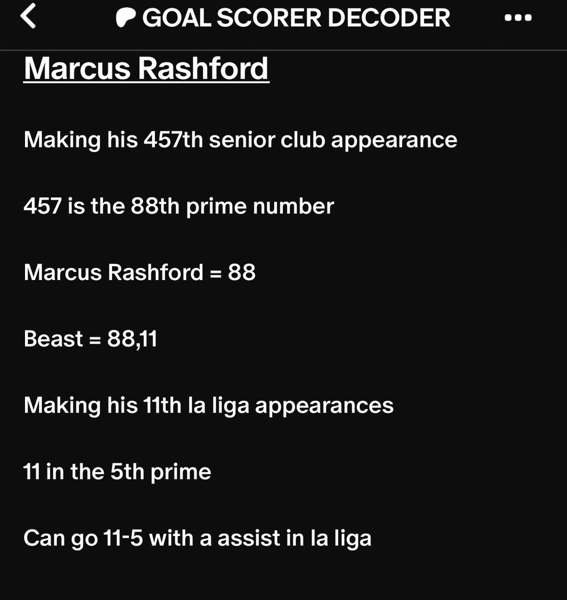 JamaicanDecoder's tweet image. Marcus Rashford 
Making his 457th senior club appearance 
457 is the 88th prime number 
Marcus Rashford = 88
Beast = 88,11
Making his 11th la liga appearances 
11 in the 5th prime 
Can go 11-5 with a assist in la liga